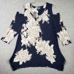 JM Collection‎ Tropic Breeze Navy Floral Lace Top Women's XL NWT Modern Classic